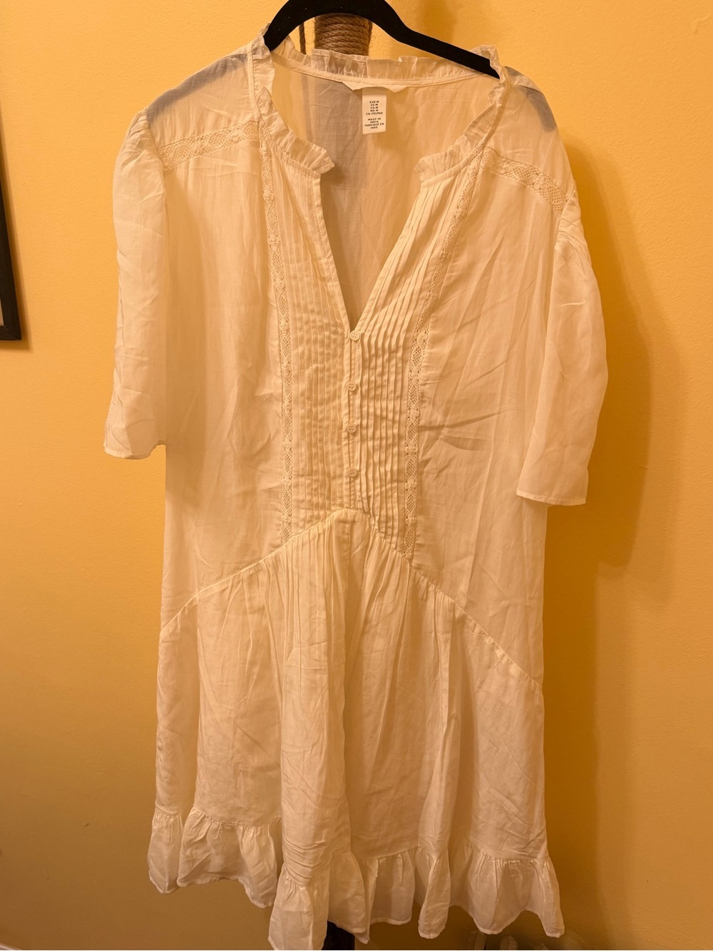 H&M White Cotton Pintuck Midi Dress with Ruffle Hem